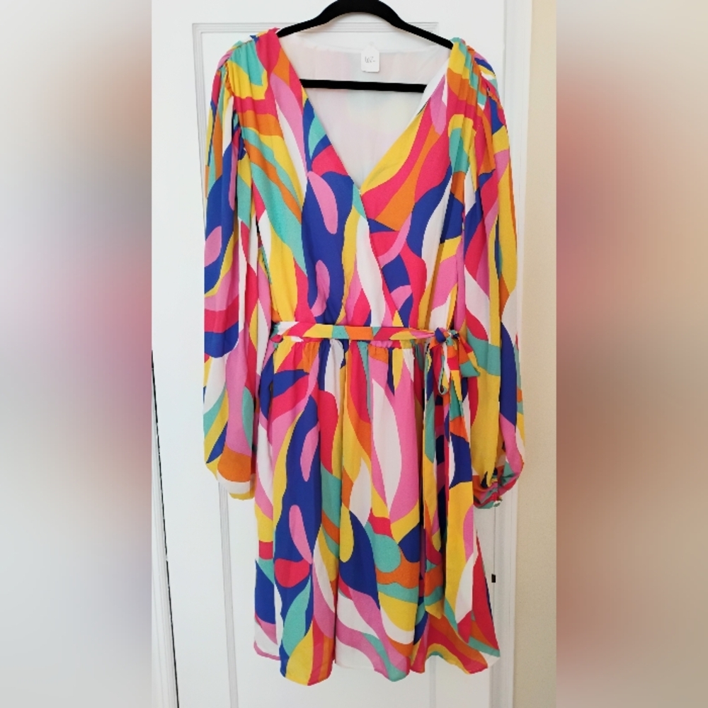 NWOT Multicolor Swing Dress -  Abstract Print Oversized Sleeve Belted Short Plus